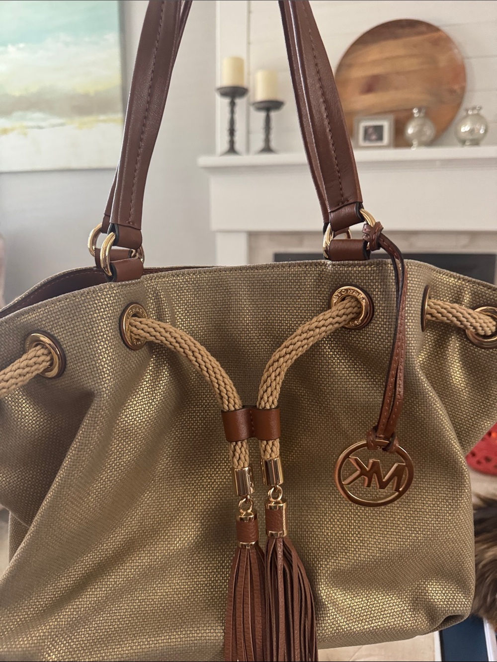 Michael Kors Gold Canvas Drawstring Tote with Brown Trim and Tassels